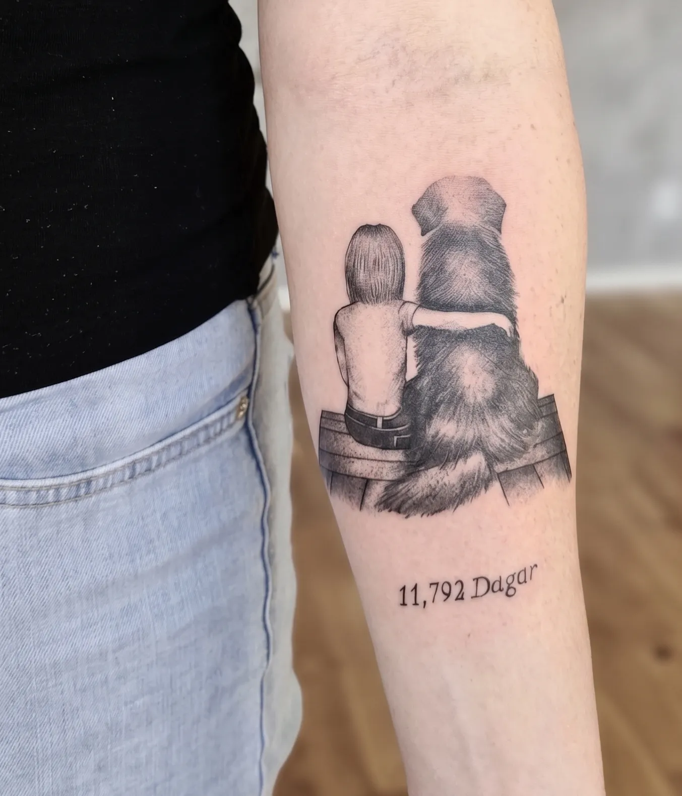 Porträtt tatuering – hund och ägare