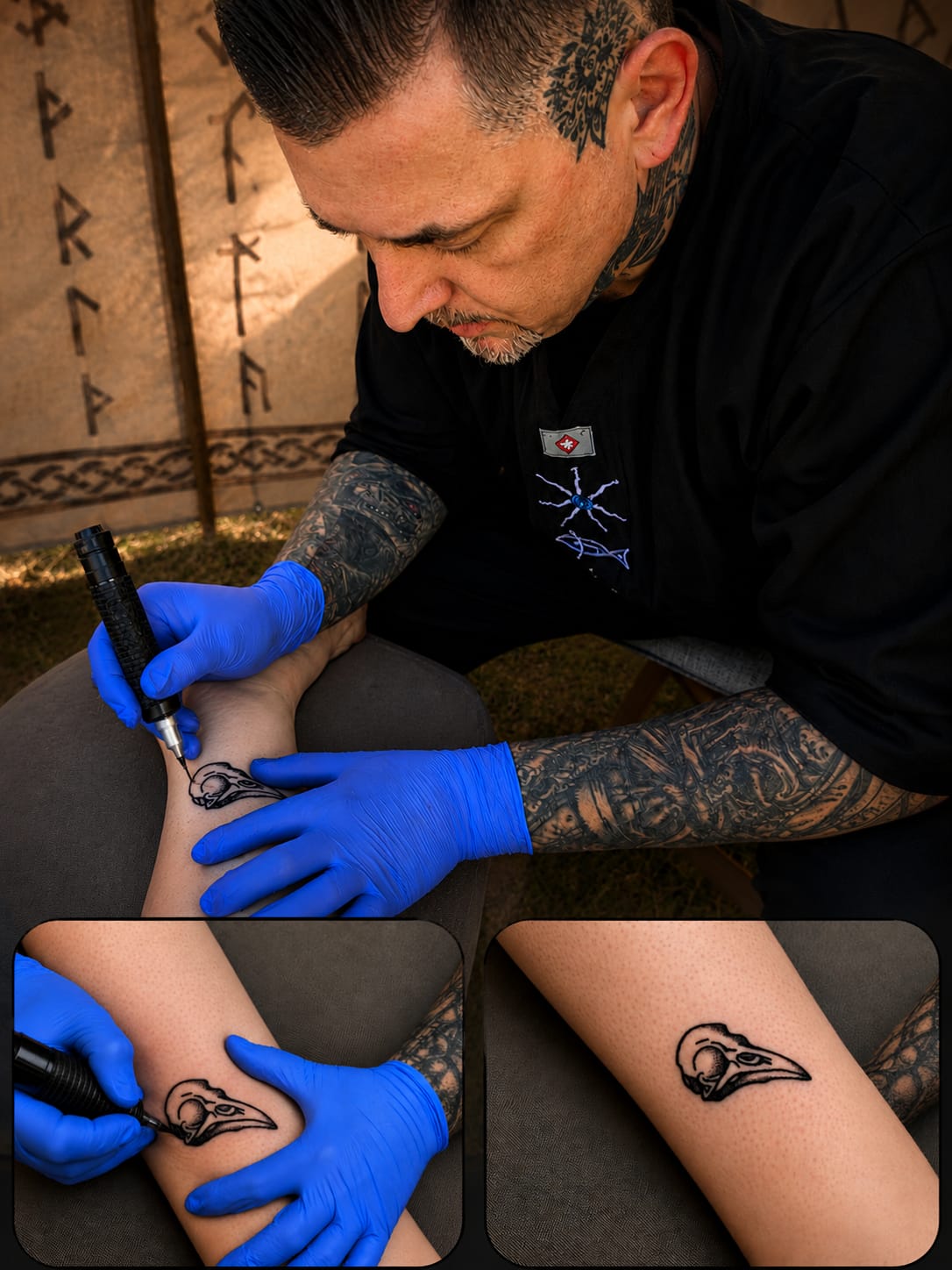 Handpoke-tatuering under pågående session hos Dark Tattoos Sweden – Zoltán arbetar med nål mot hud utan maskin