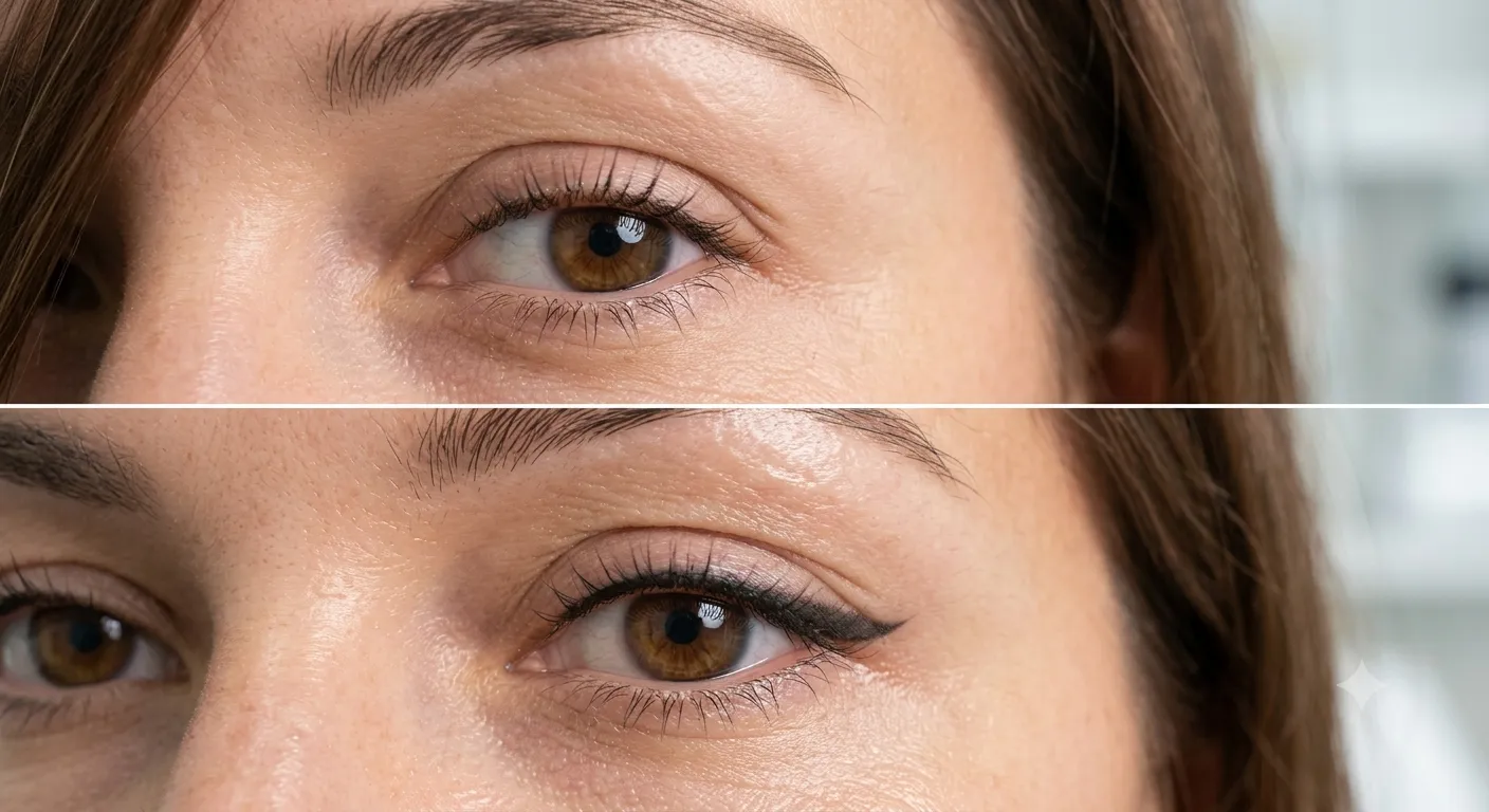 Före och efter permanent eyeliner-tatuering – tunn definierad linje längs fransraden hos Dark Tattoos Sweden