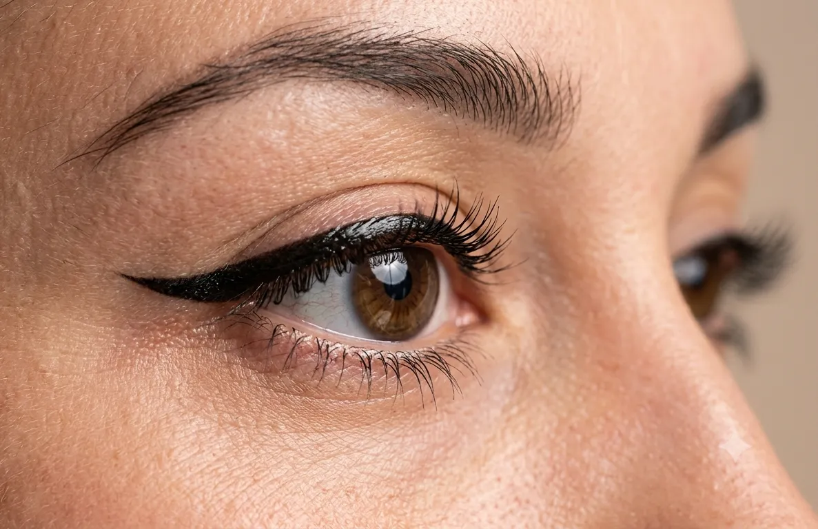 Närbild på eyeliner-tatuering med tunn skräddarsydd linje hos Dark Tattoos Sweden