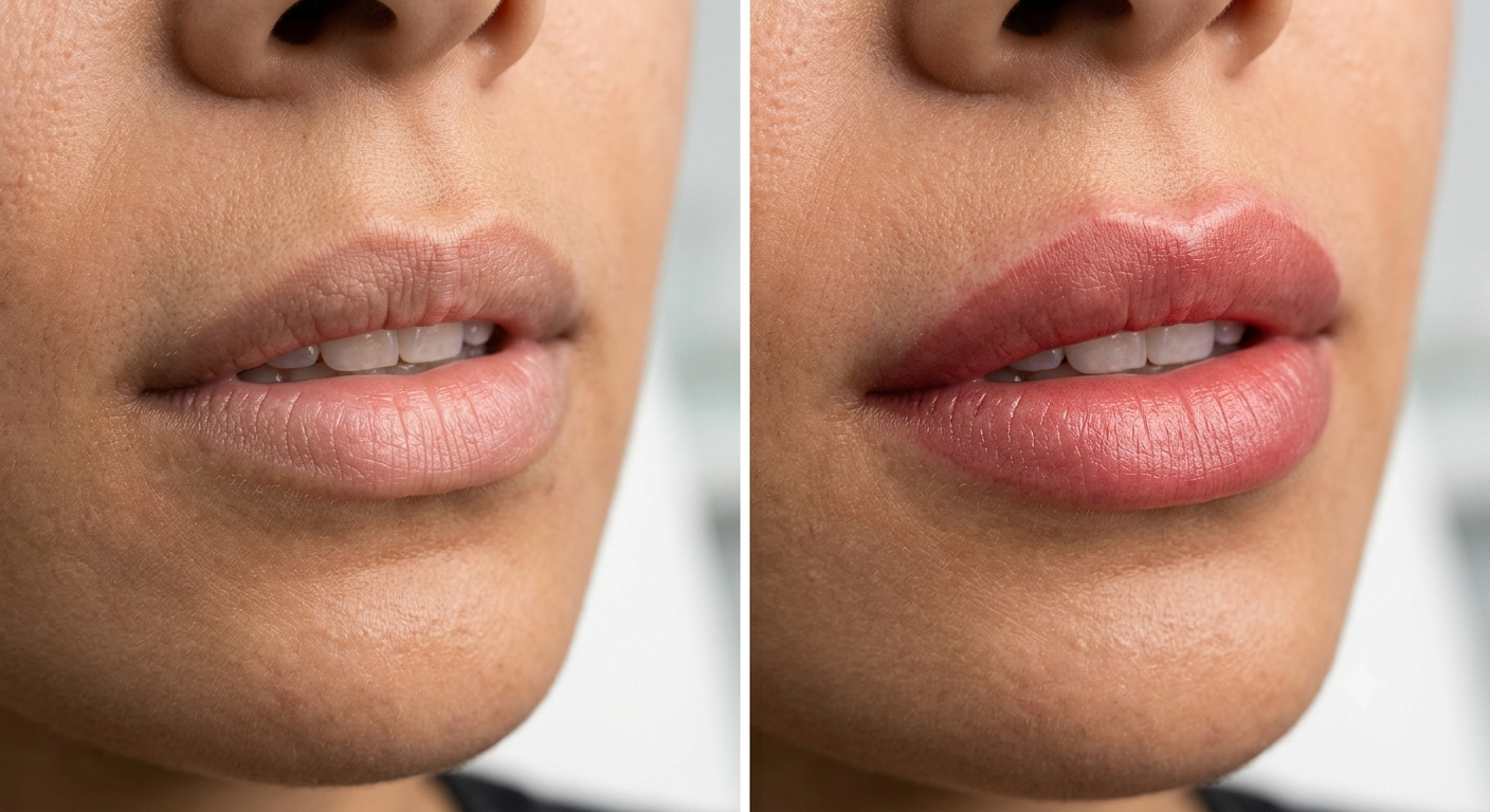 Läpptatuering (lip blush) med naturlig färgton och mjuk kontur hos Dark Tattoos Sweden